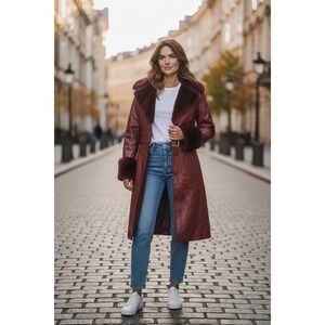 LIONESS Brooklyn Faux Leather Longline Coat Burgundy Fur Trim XXS